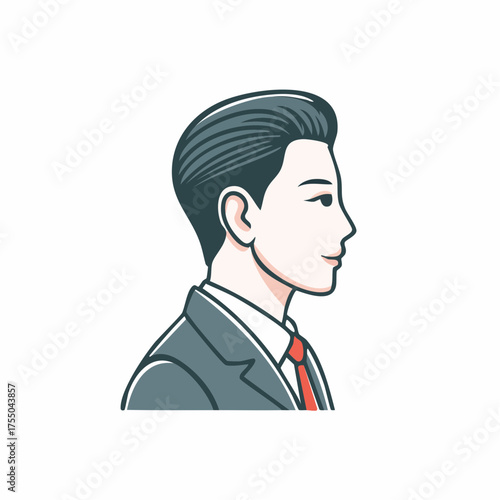 Illustration of a man in a suit, side profile, with a red tie and a professional appearance.