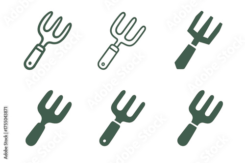 Gardening Tools Logos. Gardening tools. Set Logo of Gardening tools: hand cultivator (three-prong). harmonious logo variations of the same emblematic concept,