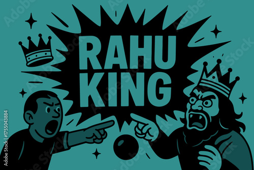 Rahu King Banner. Rahu King banner, flat vector illustration, bold oversized text inside splash explosion, cartoon characters shouting and pointing, holding