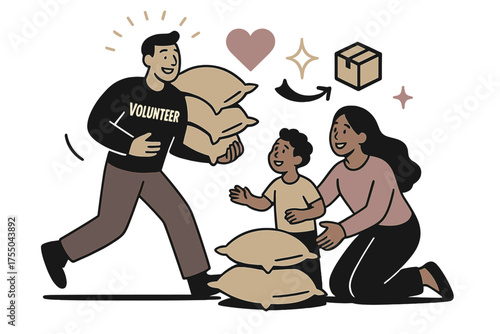 Glowing Volunteer Aid. Community aid. Glowing volunteer delivering sacks of grain to families in need. Floating icons of heart, sparkle, and box symbolizing