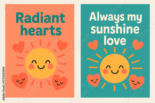 Radiant Hearts Banners. Radiant hearts. Two vertical A6 banners with safe margins, centered composition, no elements touching edges, cartoon, coral and teal,
