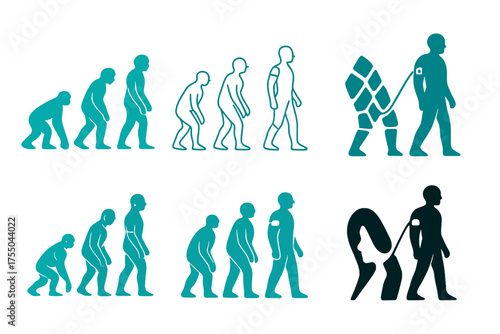 AI Body Evolution Logos. Evolution of human bodies through AI. Set Logo of Evolution of human bodies through AI: wearable biofeedback band. harmonious logo