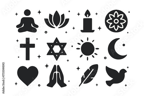 Spiritual Icons Grid. Spiritual practices. Solid icons set of Spiritual practices: meditation pose, lotus flower, candle, mandala, cross, star, sun, moon,