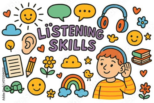 Colorful Listening Doodle. Listening Skills. Colorful Hand-drawn doodle Children illustration child listening, ears, speech bubbles, notebook,