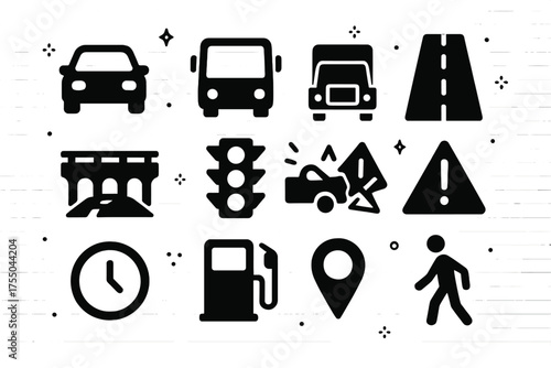 Traffic Icons Grid. Road congestion. Solid icons set of Road congestion: car, bus, truck, highway, overpass, traffic light, accident sign, caution triangle,