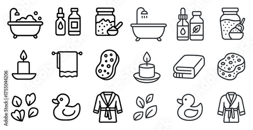 Bathroom essentials icons set – outline, linear, bath and spa symbols