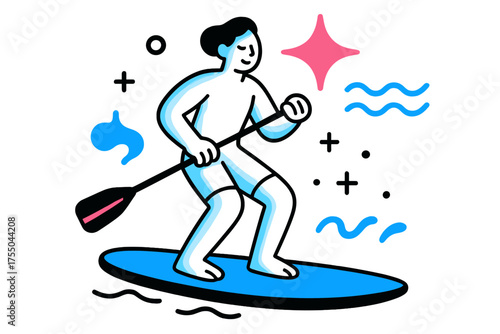 Vibrant Paddle Boarding Energy. Paddle Boarding. A glowing person balancing on a board with paddle in hand, abstract floating spark and wave icons symbolizing
