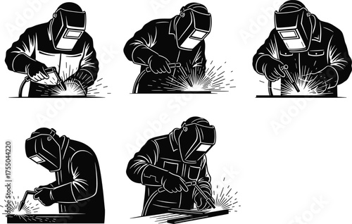 Silhouettes of welders working with torch, protective helmets, sparks flying, industrial metalworking process, skilled labor illustration concept