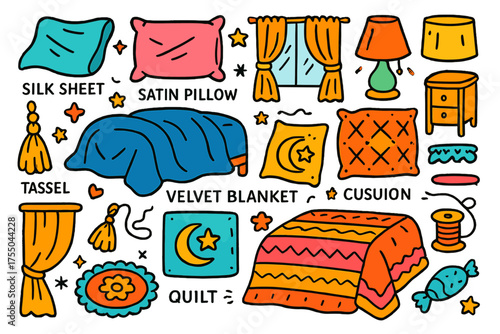 Luxury Bedding Illustration. Luxury Bedding. Colorful Hand-drawn doodle Children illustration Luxury Bedding silk sheets, satin pillow, velvet blanket,