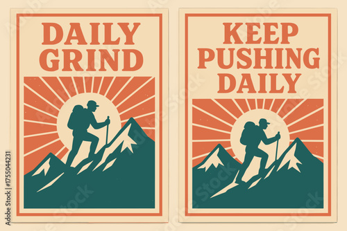 Retro Mountain Motivation. Mindset. Two vertical A6 banners with safe margins, centered composition, no elements touching edges, retro style, coral and teal,