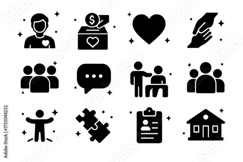 Community Outreach Icons. Community Outreach. Solid icons set of Community Outreach: volunteer, donation box, heart, helping hand, group of people, speech