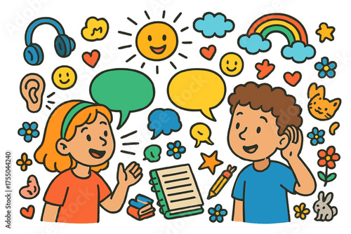 Lively Children's Doodle. Active Conversation. Colorful Hand-drawn doodle Children illustration children talking, listening ears, speech bubbles, notebook,