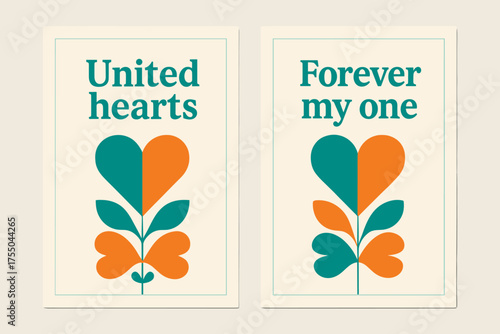 Abstract Unity Banners. Hearts in harmony. Two vertical A6 banners with safe margins, centered composition, no elements touching edges, bauhaus, pink and teal,