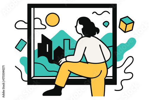 Abstract Cityscape View. Window View. Person looking out of window sill at abstract cityscape or nature, floating geometric shapes suggesting depth and