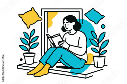 Relaxing Window Nook. Cozy Window Sill. Person sitting on window sill with book, floating abstract pillows and plants, warm and relaxing atmosphere. Modern