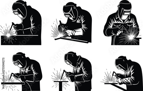 Silhouettes of welders working with torch, protective helmets, sparks flying, industrial metalworking process, skilled labor illustration concept