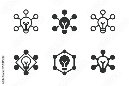 Creative Logo Variations. Crowdsourced Innovation. Set Logo of Crowdsourced Innovation: network nodes around idea icon. harmonious logo variations of the same