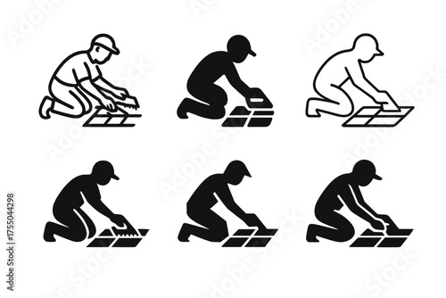 Bathroom Tiling Logos. Tiling a Bathroom Floor. Set Logo of Tiling a Bathroom Floor: person laying tiles with trowel. harmonious logo variations of the same