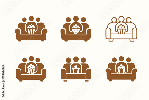 Family Movie Night Logos. Quality time with parents. Set Logo of Quality time with parents: Couch with popcorn (movie night). harmonious logo variations of the