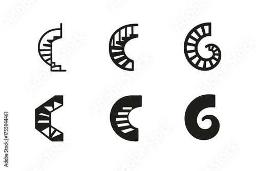 Spiral Staircase Logos. Transformational growth. Set Logo of Transformational growth: spiral staircase ascending. harmonious logo variations of the same