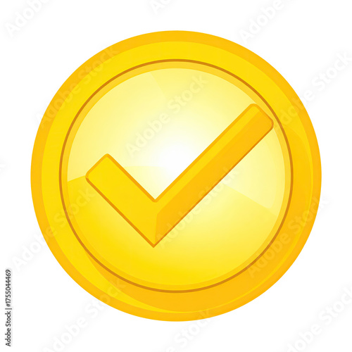 A golden coin with a shiny surface displaying a checkmark, set against a dark background