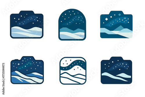 Extreme Photography Logos. Photography expeditions in extreme environments. Set Logo of Photography expeditions in extreme environments: Milky Way over frozen