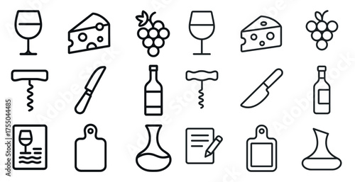Wine and cheese outline icons set – linear, gourmet, vineyard and tasting symbols