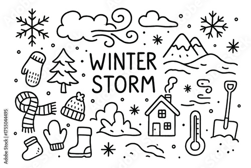 Winter Storm Icons. Winter storm. Hand-drawn doodle illustration winter storm snowflake, wind swirl, cloud, snowdrift, mountain, tree, house, scarf, hat,