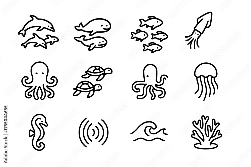 Obraz premium Marine Life Icons. Pod interaction. Line icon set of Pod interaction: dolphin pod, whale pod, fish school, squid, octopus, sea turtle, jellyfish, seahorse,