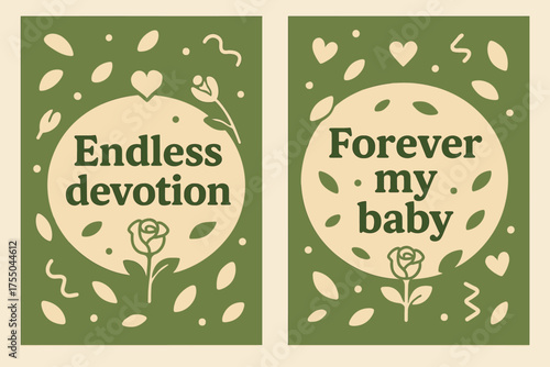 Endless Devotion Banners. Endless devotion. Two vertical A6 banners with safe margins, centered composition, no elements touching edges, memphis, olive green