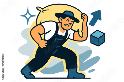 Dynamic Farmer Strength. Carrying a sack of grain. Glowing farmer lifting heavy sack over shoulder with effort. Floating icons of sparkle, arrow, and cube