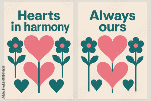 Hearts in Harmony Banners. Hearts in harmony. Two vertical A6 banners with safe margins, centered composition, no elements touching edges, bauhaus, pink and