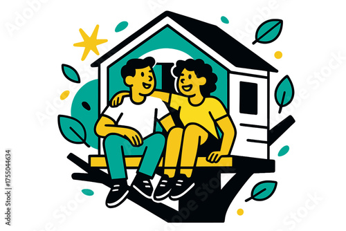 Treehouse Adventure Vibes. Treehouse Days. A glowing pair of friends sitting in a treehouse, abstract floating spark and leaf icons symbolizing adventure.