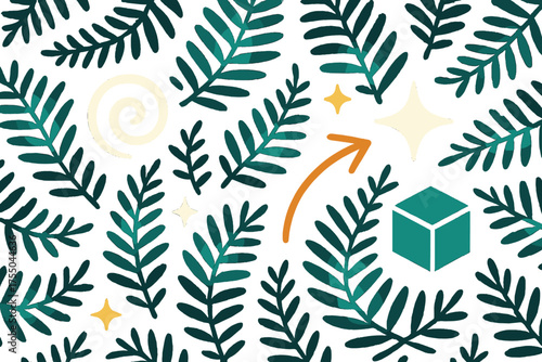 Glowing Fern Abstract. Fern pattern. Glowing repeated fern leaves forming natural abstract background. Floating icons of swirl, sparkle, and cube symbolizing