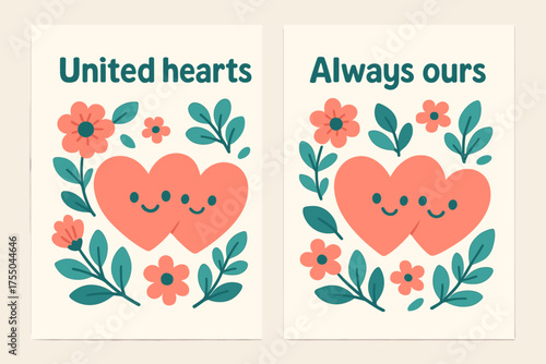 United Hearts Banners. United hearts. Two vertical A6 banners with safe margins, centered composition, no elements touching edges, cartoon, coral and teal,