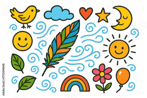 Colorful Dreamscape Doodles. Feather Breeze. Colorful Hand-drawn doodle Children illustration feather, swirl, wind, cloud, star, heart, smiley face, sun, moon,