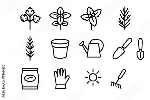 Herb Garden Icons. Kitchen herb garden. Line icon set of Kitchen herb garden: parsley, basil plant, mint, rosemary sprig, thyme, pot, watering can, garden