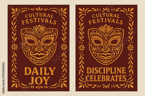 Vibrant Festival Banners. Cultural festivals. Two vertical A6 banners with safe margins, centered composition, no elements touching edges, vibrant folk style,