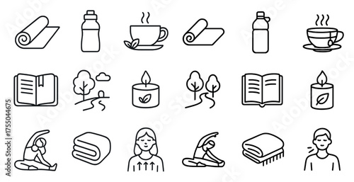 Yoga and wellness icons set – outline, linear, meditation and relaxation symbols