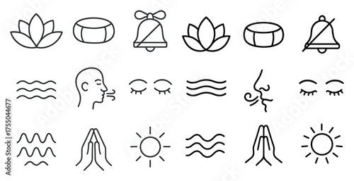 Meditation and mindfulness icons set – outline, linear, wellness symbols
