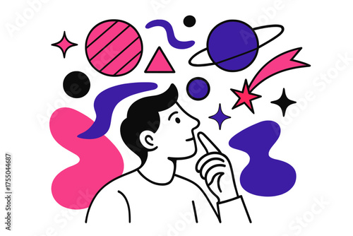 Imaginative Planetary Vision. Visionary Thought. Person looking at floating geometric planets, stars, and abstract light shapes, symbolizing imagination and