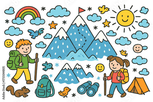 Mountain Adventure Doodle. High Altitude. Colorful Hand-drawn doodle Children illustration mountain peaks, clouds, sun, snow, hikers, backpacks, walking