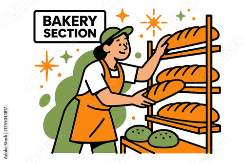 Artistic Bakery Display. Bakery Section. A glowing worker arranging bread loaves on shelves, abstract floating spark and star icons symbolizing warmth and