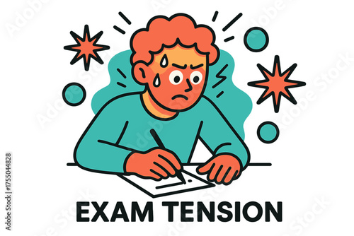 Exam Stress Illustration. Exam Tension. A glowing student with forehead sweat while writing, abstract spark and circle icons symbolizing pressure. Modern