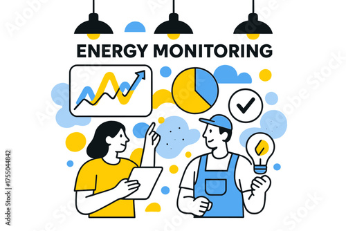 Energy Efficiency Visualization. Energy Monitoring Chart. Factory ceiling lights with floating abstract line graphs and pie charts, highlighting power usage