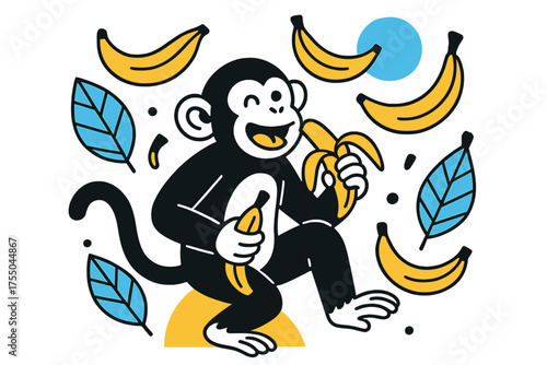 Monkey's Banana Delight. Banana Feast. Monkey holding and eating floating abstract bananas, geometric leaves in background, playful joyful composition. Modern