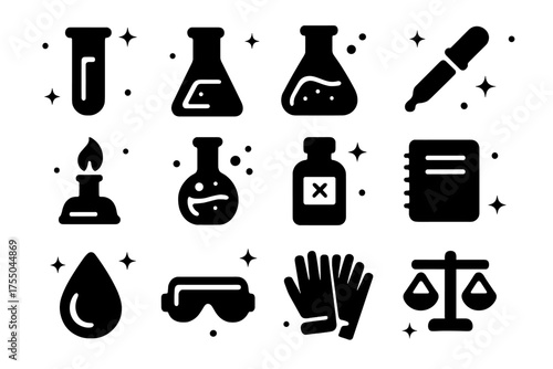 Laboratory Icon Collection. Lab experiments. Solid icons set of Lab experiments: test tube, flask, beaker, pipette, burner, bubbling flask, chemical bottle,