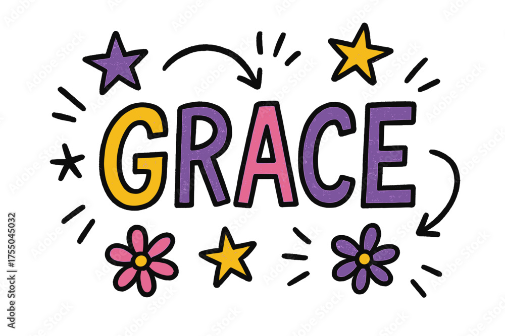 Fototapeta premium Playful Doodle Sketch. Grace Sketch ? Doodle / Sketch style, playful hand-drawn rough letters with arrows, stars, and flower doodles, colorful casual