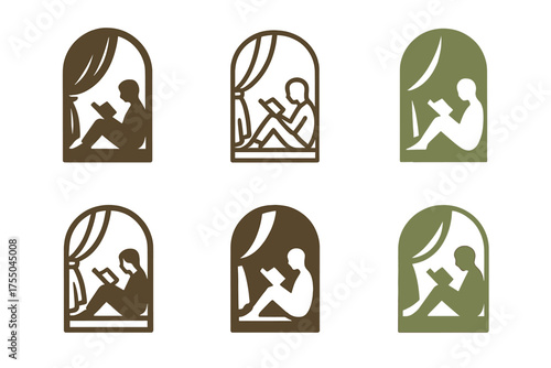 Book Nook Logos. Reading a book in the shade. Set Logo of Reading a book in the shade: cozy window seat with draped curtain. harmonious logo variations of the
