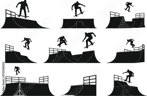 Skateboarder silhouette illustration performing tricks on ramps, skatepark aerial stunts, extreme sport action, urban lifestyle concept design